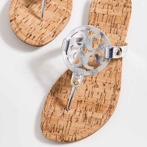 Tory Burch $228 Miller Sandals Patent Leather Silver Gold Rivets Cork 6 9.5 10 - Picture 4 of 10